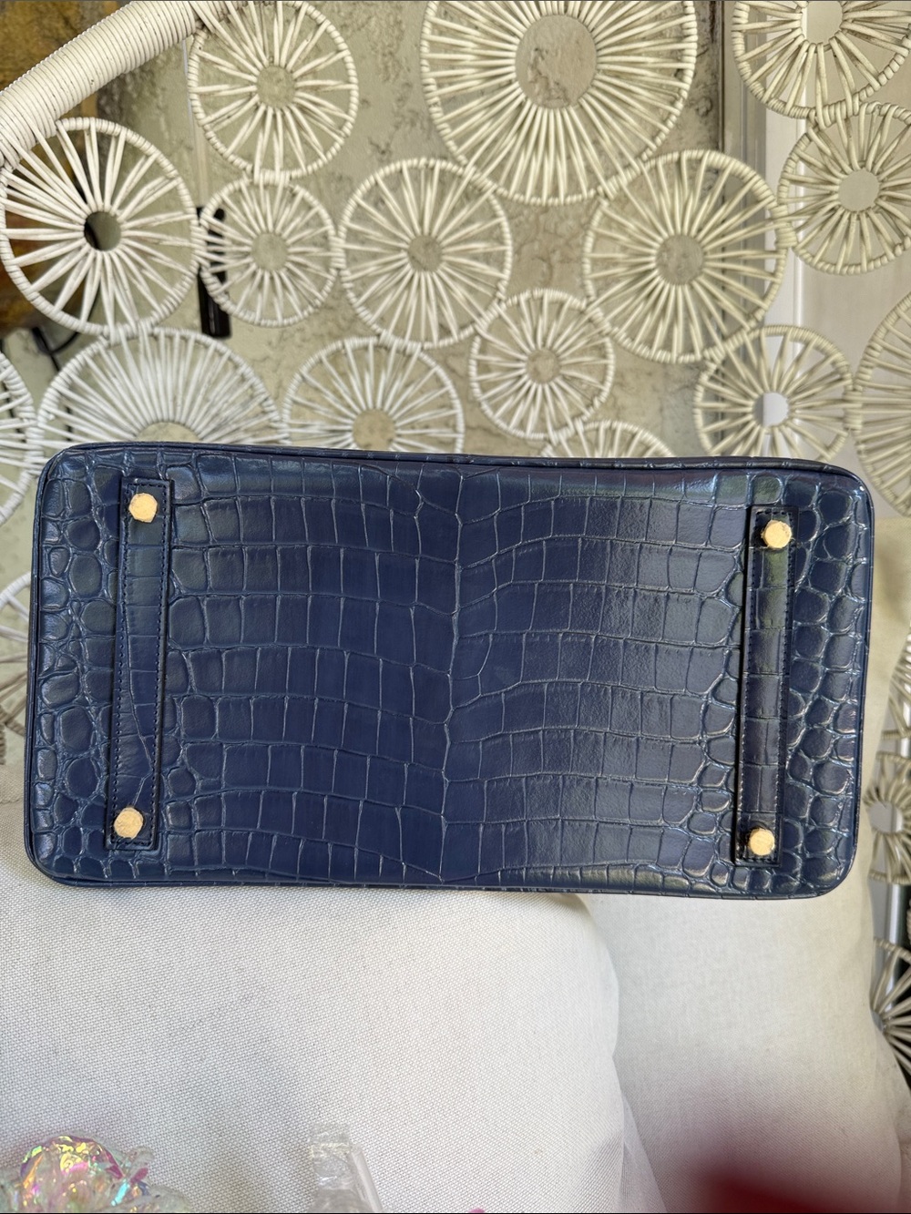 Ainifeel Structured Navy Croc-Embossed Tote with Gold Hardware Size 30 - Picture 10 of 13